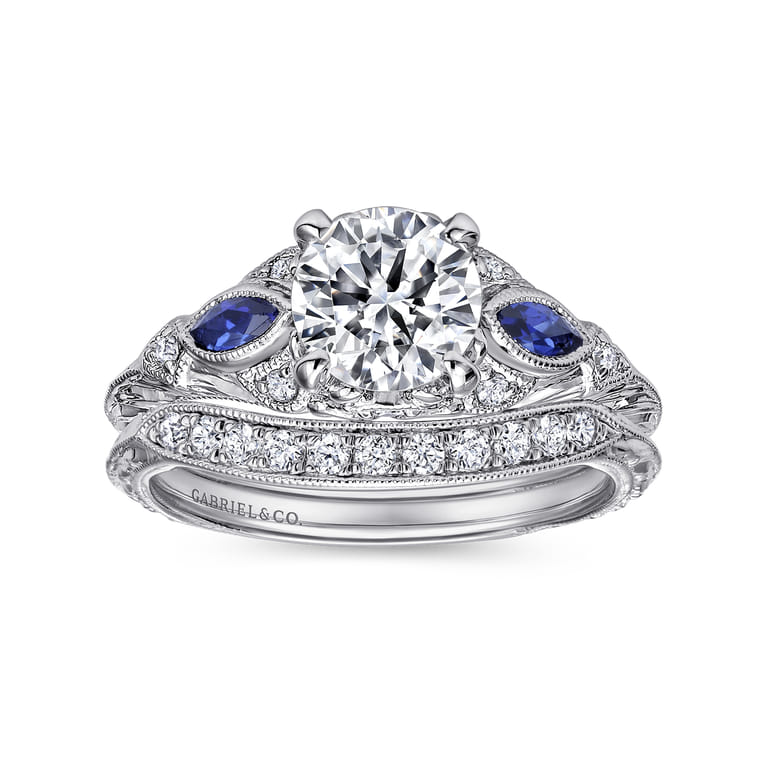 Enchanted - Vintage Inspired 14K White Gold Round Three Stone Sapphire and Diamond Engagement Ring - 0.06 ct - Shot 4
