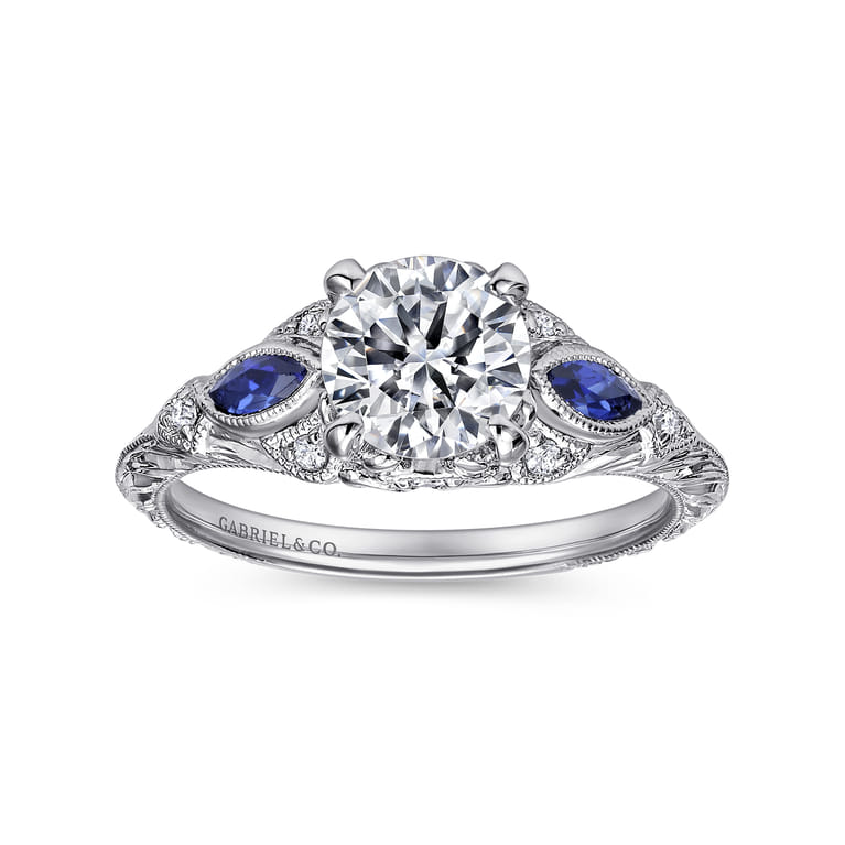 Enchanted - Vintage Inspired 14K White Gold Round Three Stone Sapphire and Diamond Engagement Ring - 0.06 ct - Shot 5