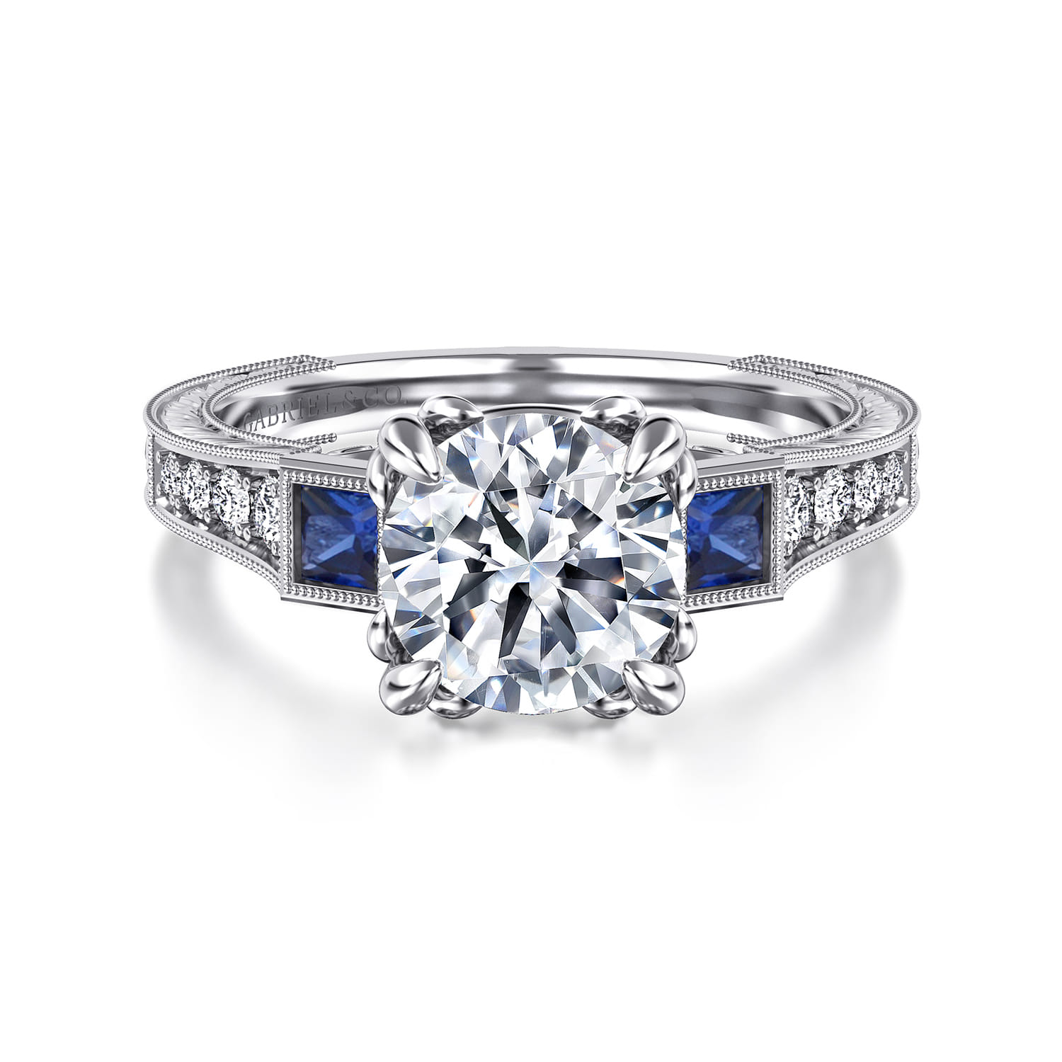 Lunaria - Vintage Inspired 14K White Round Three Stone Sapphire and Diamond Engagement Ring - 0.15 ct - Shot 1