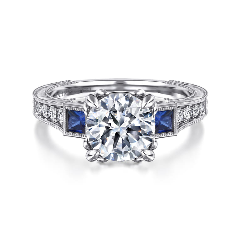 Lunaria - Vintage Inspired 14K White Round Three Stone Sapphire and Diamond Engagement Ring - 0.15 ct - Shot 1