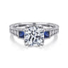 Lunaria - Vintage Inspired 14K White Round Three Stone Sapphire and Diamond Engagement Ring - 0.15 ct
