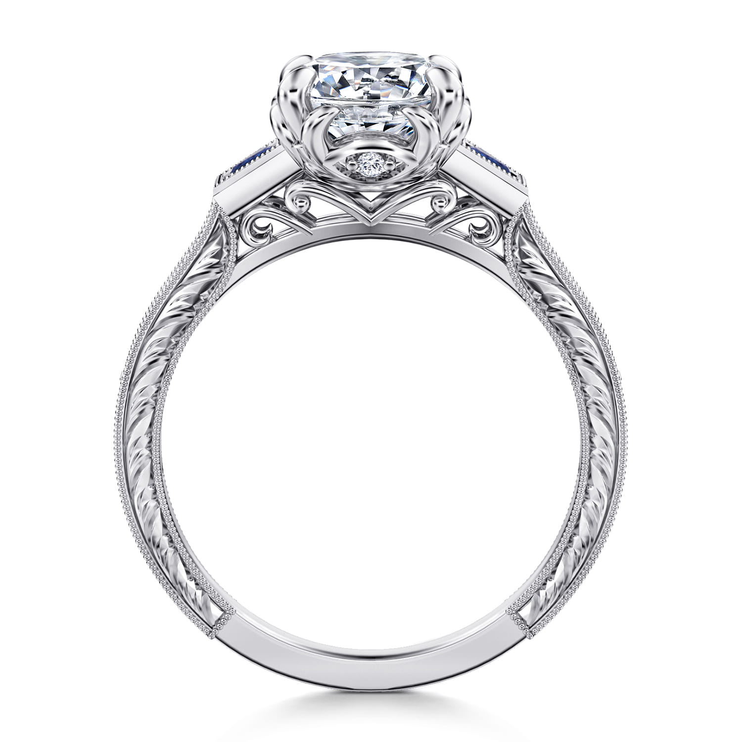 Lunaria - Vintage Inspired 14K White Round Three Stone Sapphire and Diamond Engagement Ring - 0.15 ct - Shot 2