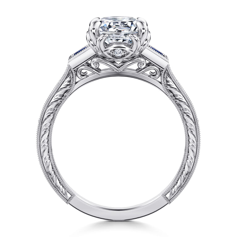 Lunaria - Vintage Inspired 14K White Round Three Stone Sapphire and Diamond Engagement Ring - 0.15 ct - Shot 2