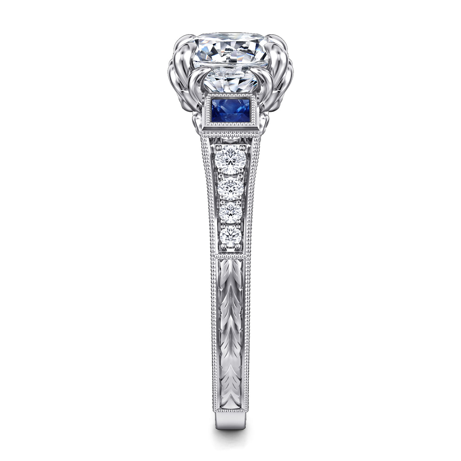 Lunaria - Vintage Inspired 14K White Round Three Stone Sapphire and Diamond Engagement Ring - 0.15 ct - Shot 4