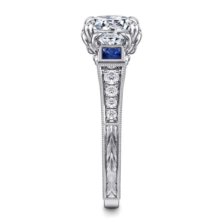 Lunaria - Vintage Inspired 14K White Round Three Stone Sapphire and Diamond Engagement Ring - 0.15 ct - Shot 4