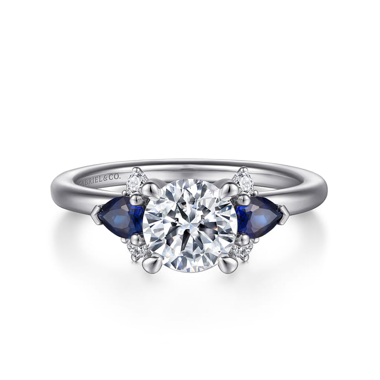 Jeanne - 14K White Gold Round Three Stone Sapphire and Diamond Engagement Ring - 0.11 ct - Shot 1