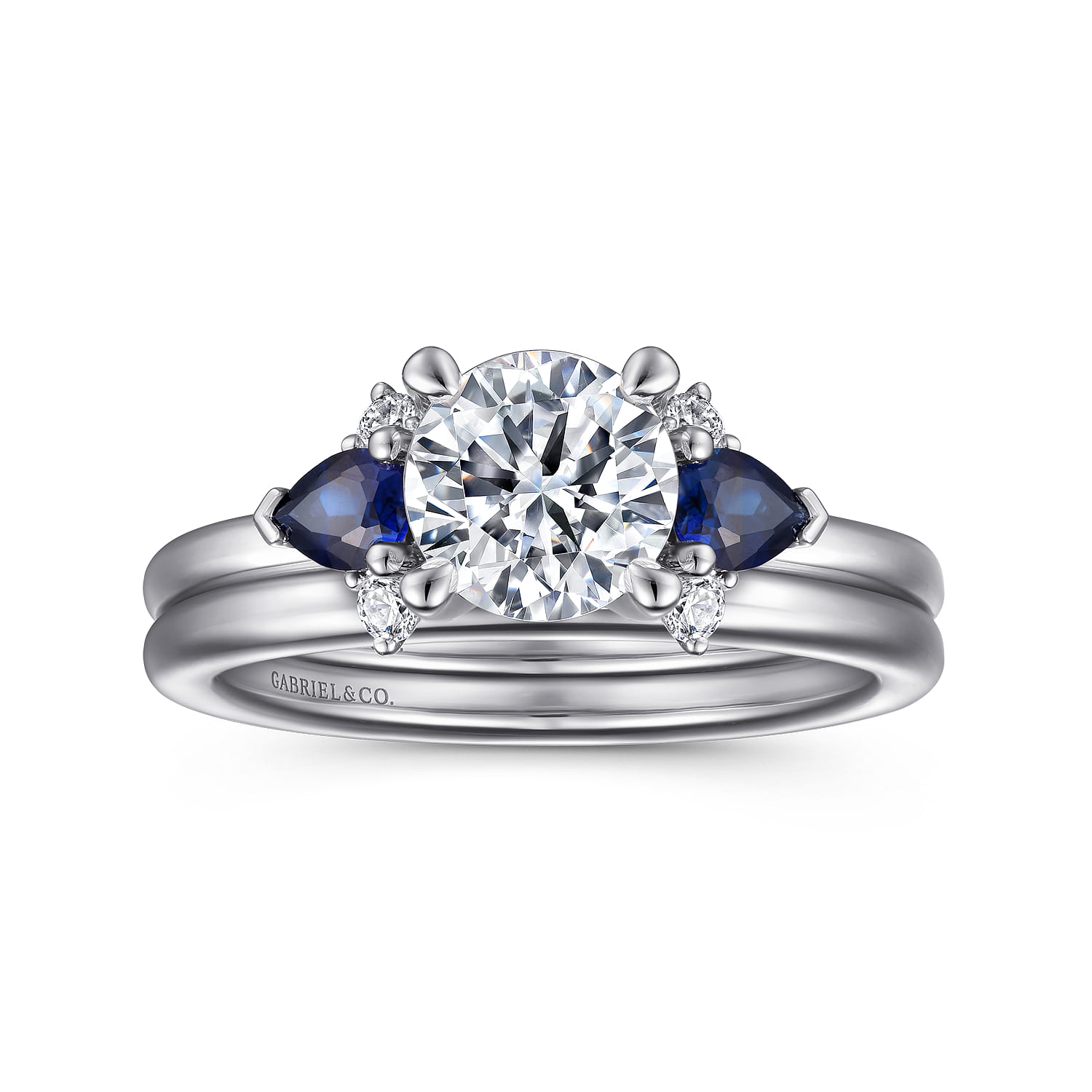 Jeanne - 14K White Gold Round Three Stone Sapphire and Diamond Engagement Ring - 0.11 ct - Shot 4