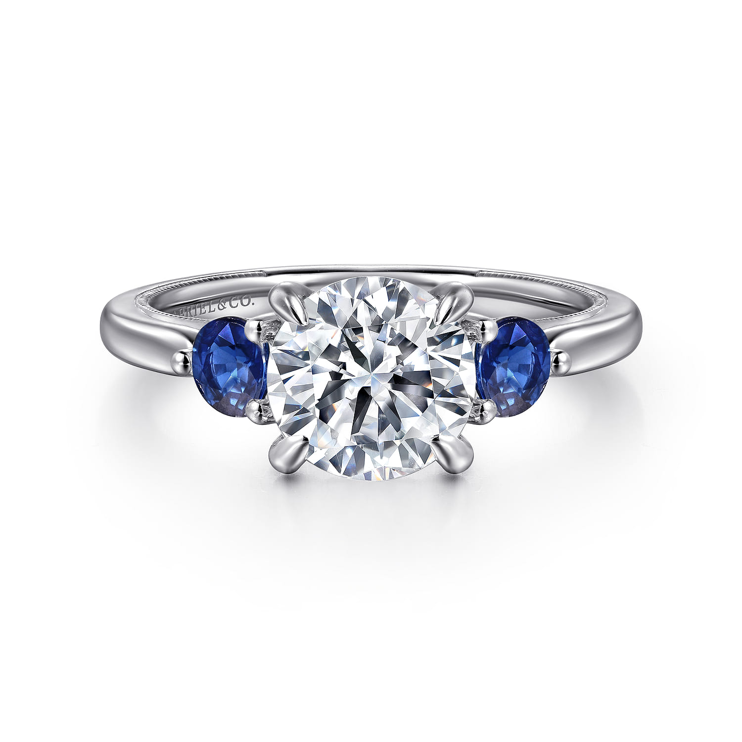 Abbi - 14K White Gold Round Three Stone Diamond and Sapphire Engagement Ring - 0.11 ct - Shot 1