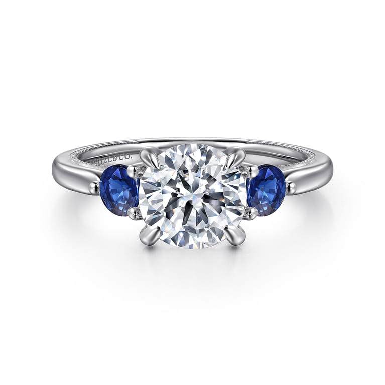 Abbi - 14K White Gold Round Three Stone Diamond and Sapphire Engagement Ring - 0.11 ct - Shot 1
