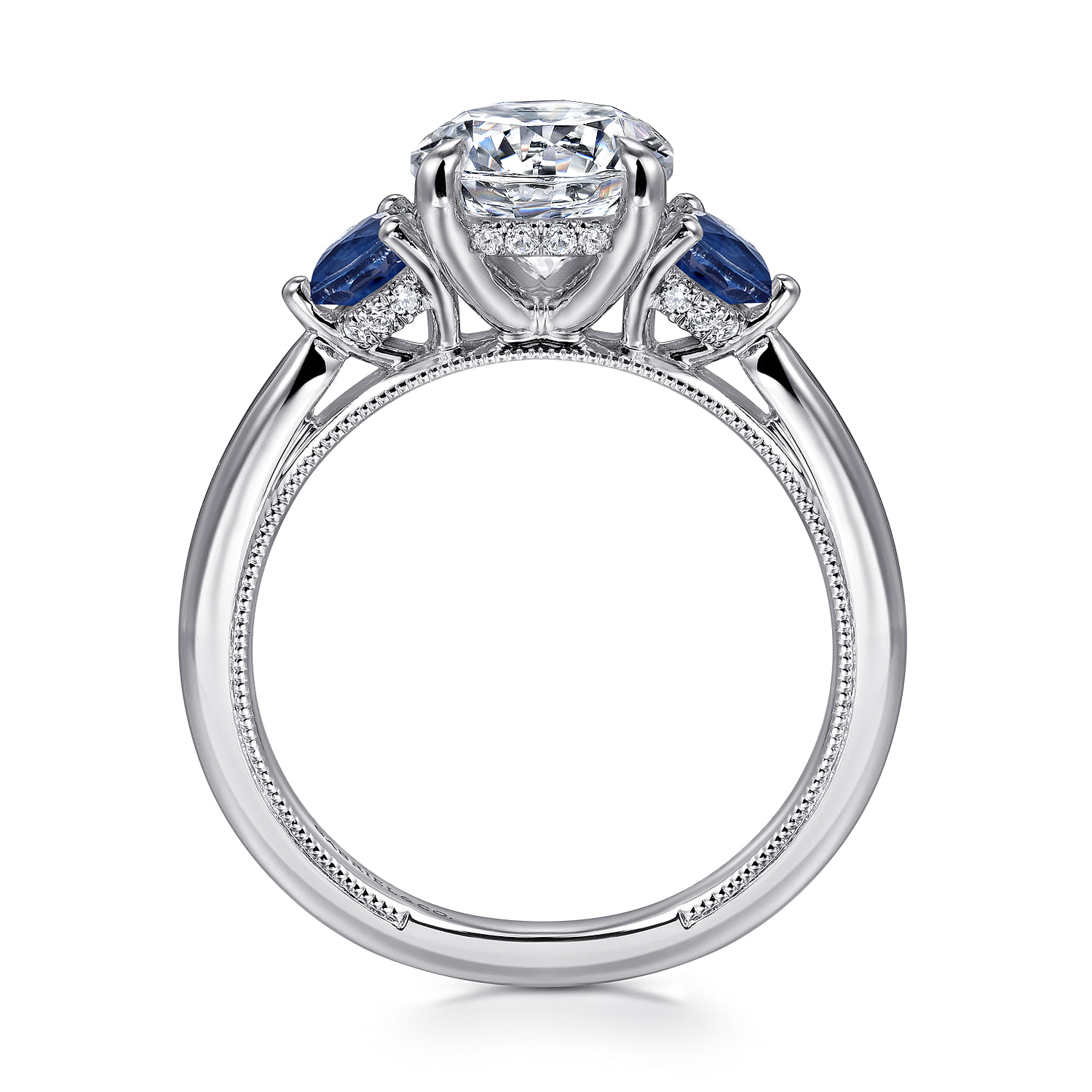 Abbi - 14K White Gold Round Three Stone Diamond and Sapphire Engagement Ring - 0.11 ct - Shot 2