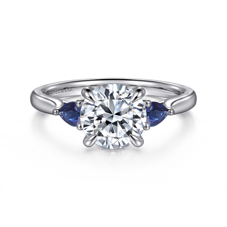 Reema - 14K White Gold Three Stone Round Lotus Sapphire and Diamond Engagement Ring - Shot 1