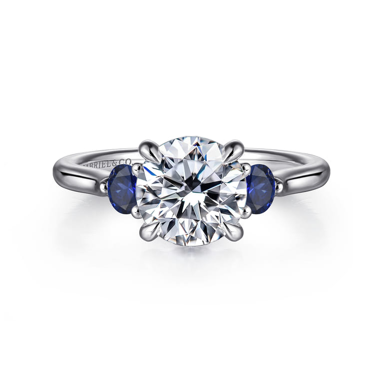 Madison - 14K White Gold Round Three Stone Lotus Sapphire and Diamond Engagement Ring - Shot 1