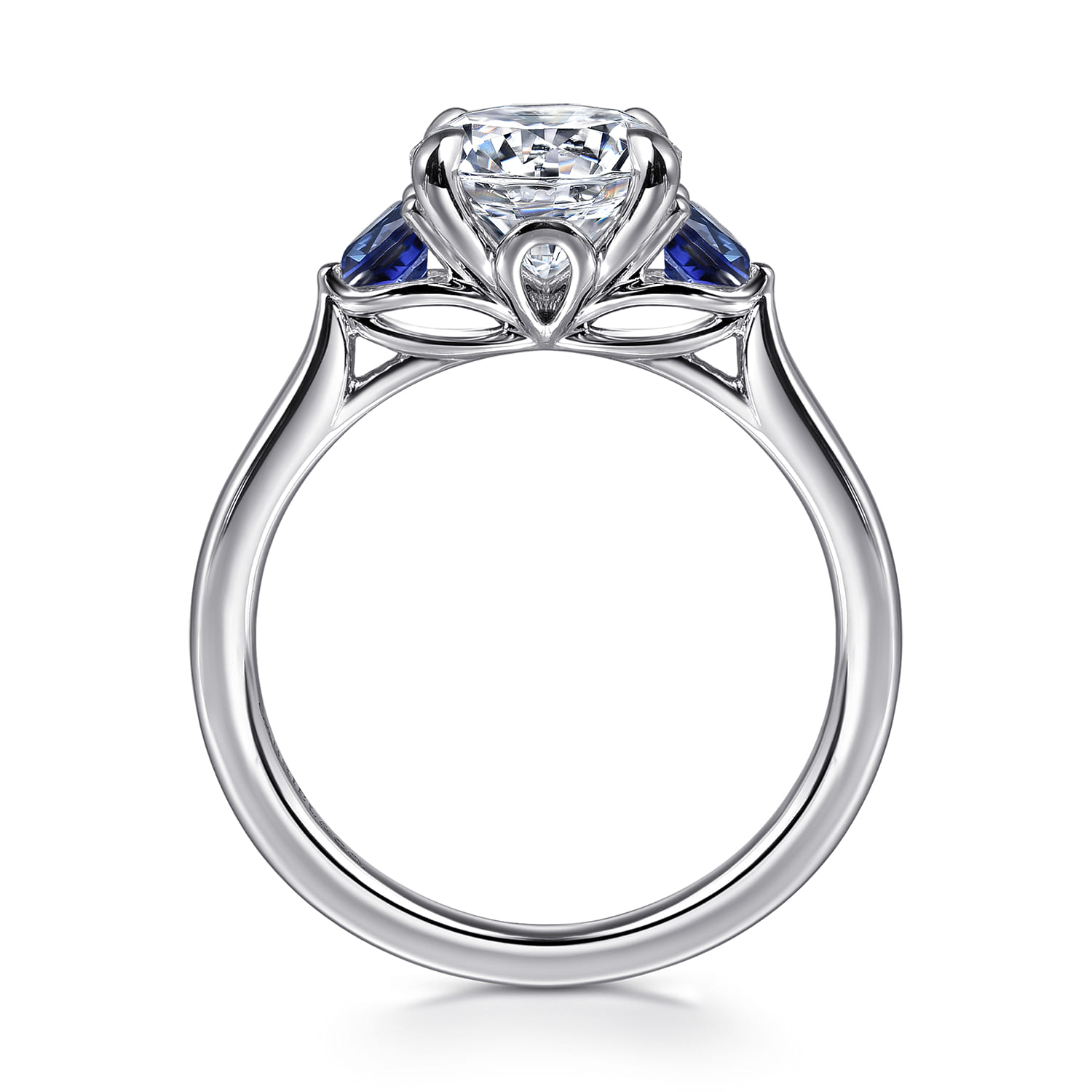 Madison - 14K White Gold Round Three Stone Lotus Sapphire and Diamond Engagement Ring - Shot 2