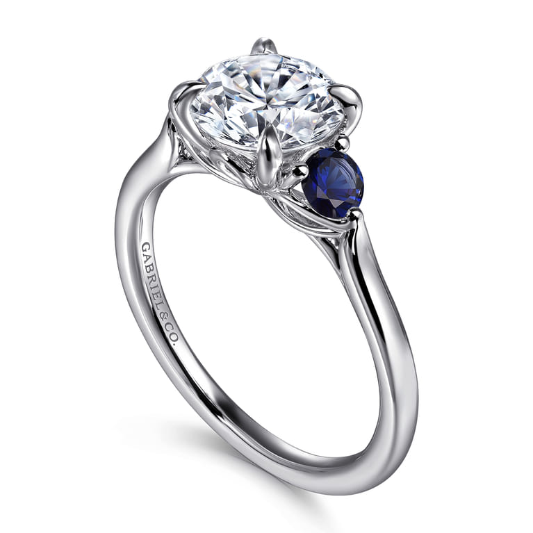 Madison - 14K White Gold Round Three Stone Lotus Sapphire and Diamond Engagement Ring - Shot 3
