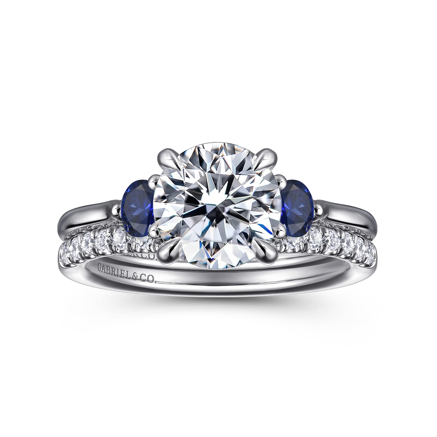 Madison - 14K White Gold Round Three Stone Lotus Sapphire and Diamond Engagement Ring - Shot 4