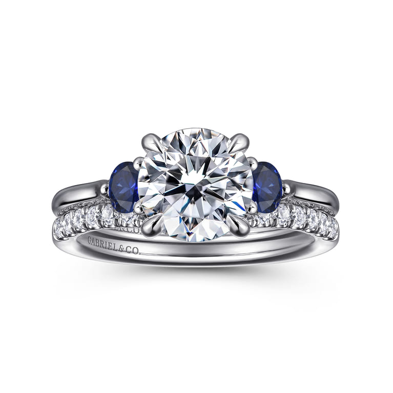 Madison - 14K White Gold Round Three Stone Lotus Sapphire and Diamond Engagement Ring - Shot 4