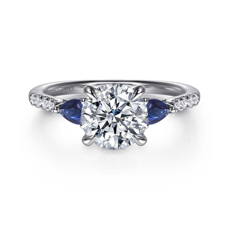 Monty - 14K White Gold Round Three Stone Lotus Diamond and A Quality Sapphire Engagement Ring - 0.11 ct - Shot 1