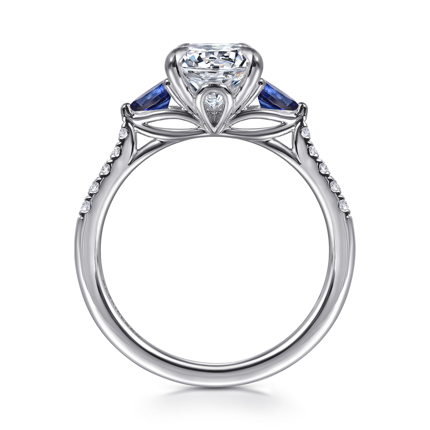 Monty - 14K White Gold Round Three Stone Lotus Diamond and A Quality Sapphire Engagement Ring - 0.11 ct - Shot 2