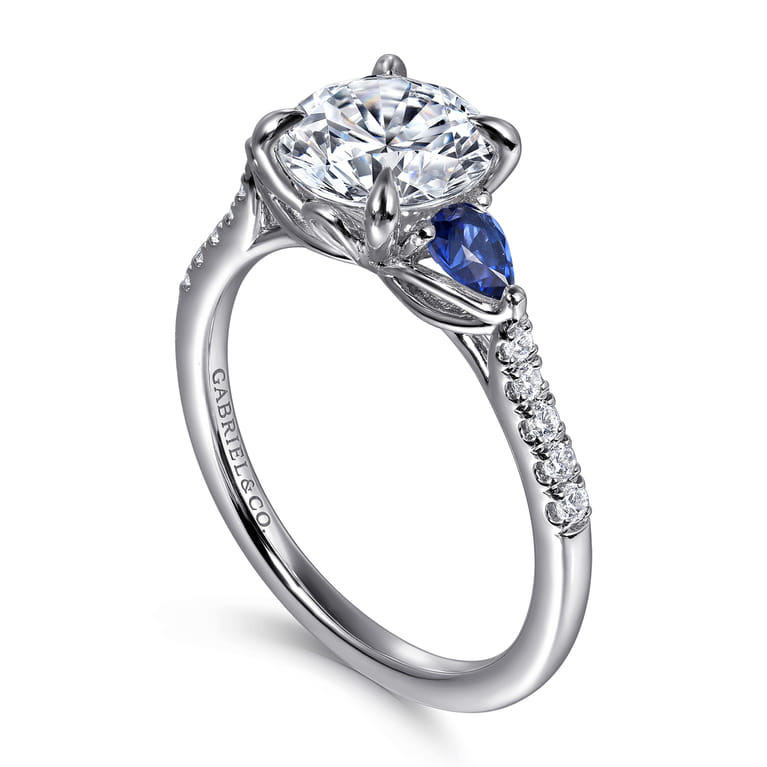 Monty - 14K White Gold Round Three Stone Lotus Diamond and A Quality Sapphire Engagement Ring - 0.11 ct - Shot 3