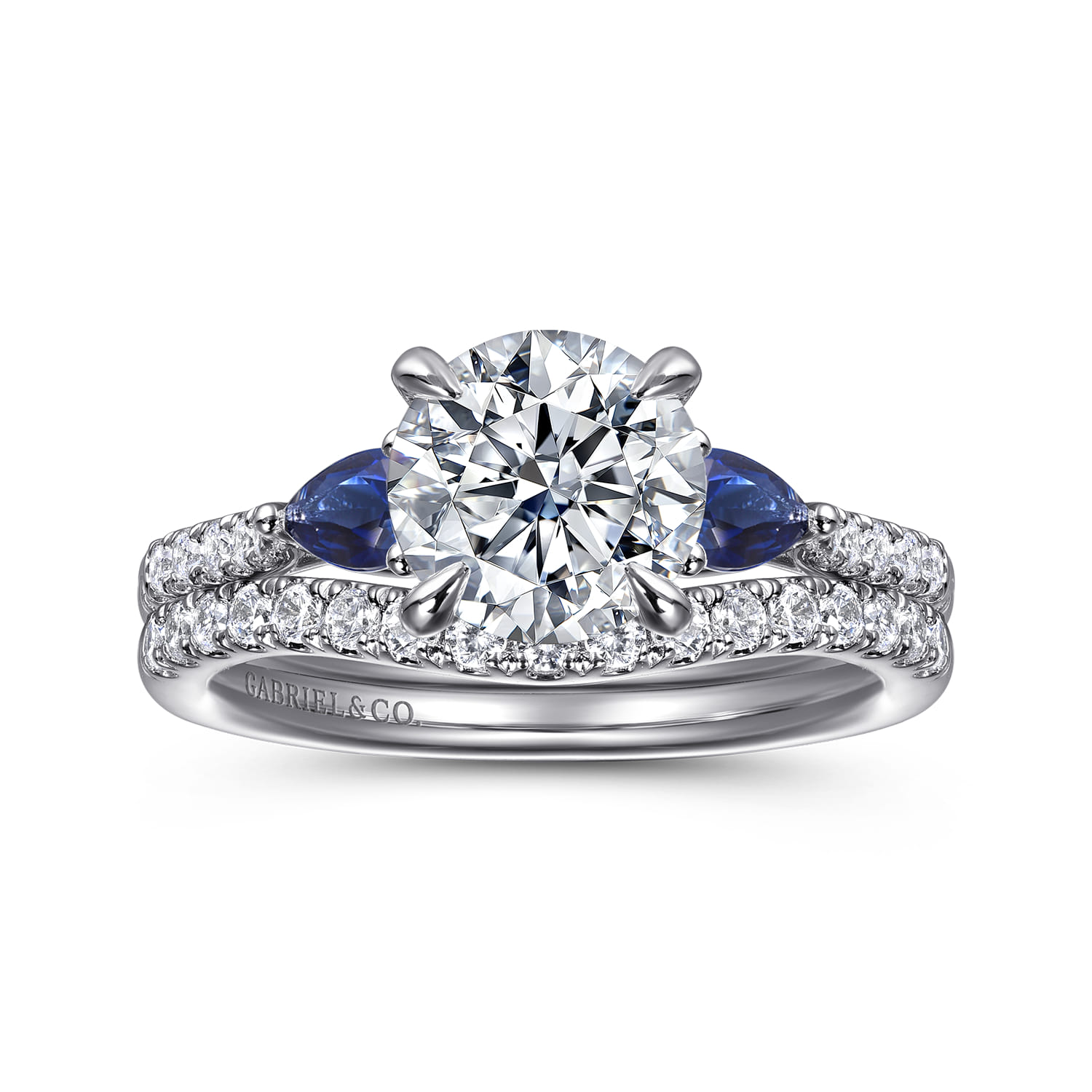 Monty - 14K White Gold Round Three Stone Lotus Diamond and A Quality Sapphire Engagement Ring - 0.11 ct - Shot 4