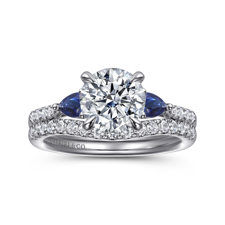 Monty - 14K White Gold Round Three Stone Lotus Diamond and A Quality Sapphire Engagement Ring - 0.11 ct - Shot 4