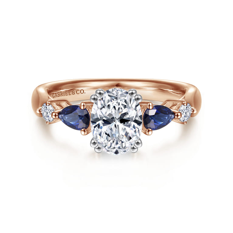 Carrie - 14K White-Rose Gold Oval Five Stone Sapphire and Diamond Engagement Ring - 0.1 ct - Shot 1