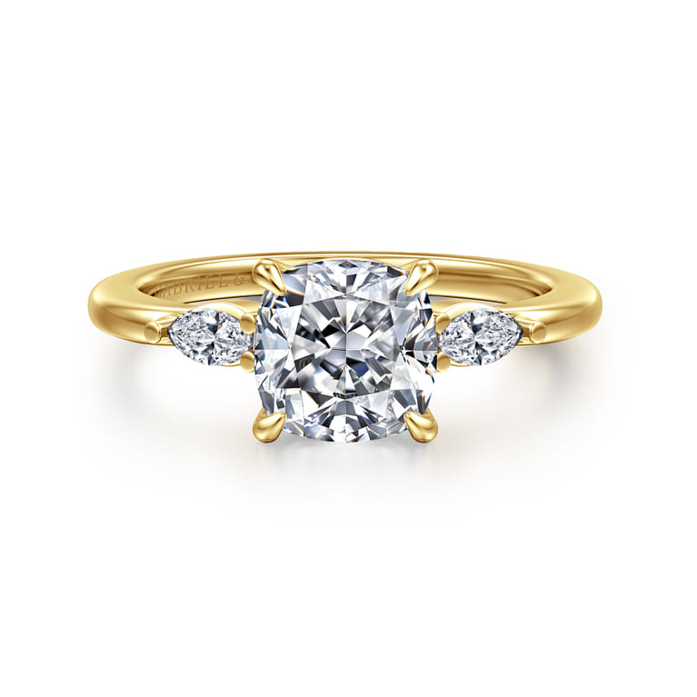 Dela - 14K Yellow Gold Cushion Cut Three Stone Diamond Engagement Ring - 0.17 ct - Shot 1