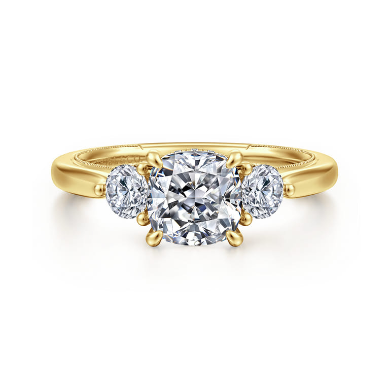 Abbi - 14K Yellow Gold Cushion Cut Three Stone Diamond Engagement Ring - 0.5 ct - Shot 1