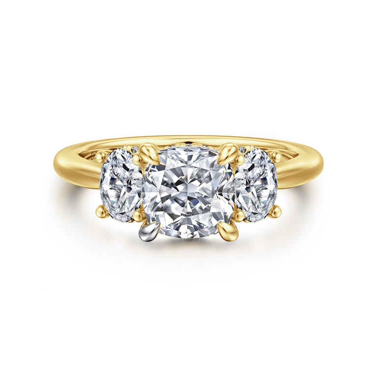 Charisa - 14K Yellow Gold Cushion Cut Three Stone Diamond Engagement Ring - 0.7 ct - Shot 1