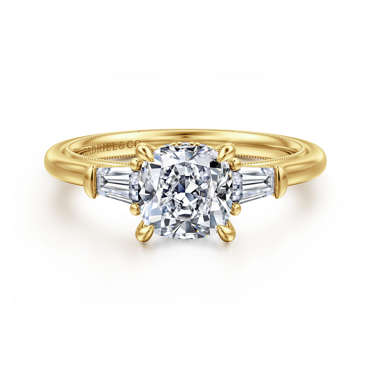 Feana - 14K Yellow Gold Cushion Cut Three Stone Diamond Engagement Ring - 0.35 ct - Shot 1