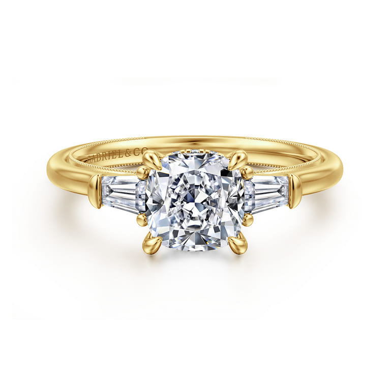 Feana - 14K Yellow Gold Cushion Cut Three Stone Diamond Engagement Ring - 0.35 ct - Shot 1