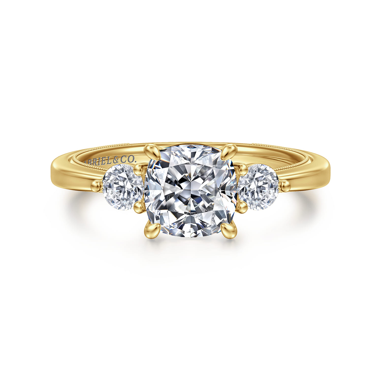 Georgia - 14K Yellow Gold Cushion Cut Three Stone Diamond Engagement Ring - 0.3 ct - Shot 1