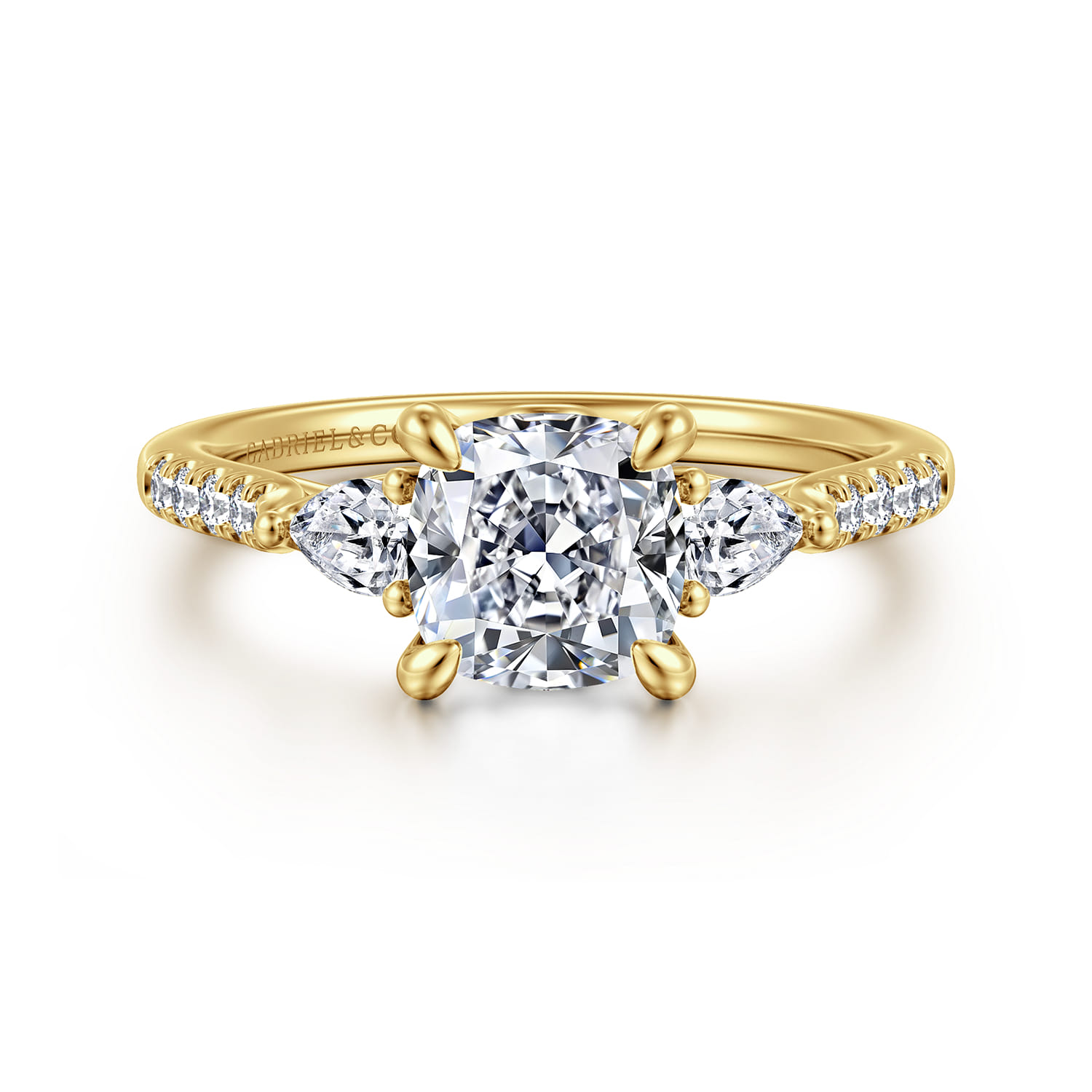 Monty - 14K Yellow Gold Cushion Cut Three Stone Lotus Diamond Engagement Ring - 0.35 ct - Shot 1