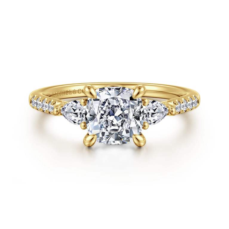 Monty - 14K Yellow Gold Cushion Cut Three Stone Lotus Diamond Engagement Ring - 0.35 ct - Shot 1