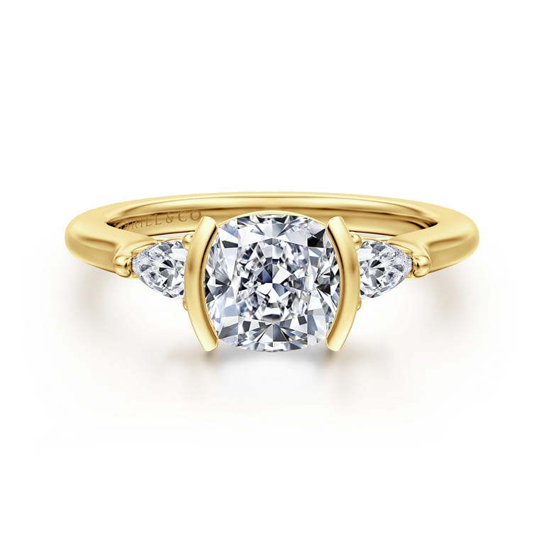 Alesandra - 14K Yellow Gold Half Bezel Cushion Cut Three Stone Diamond Engagement Ring - 0.3 ct - Shot 1