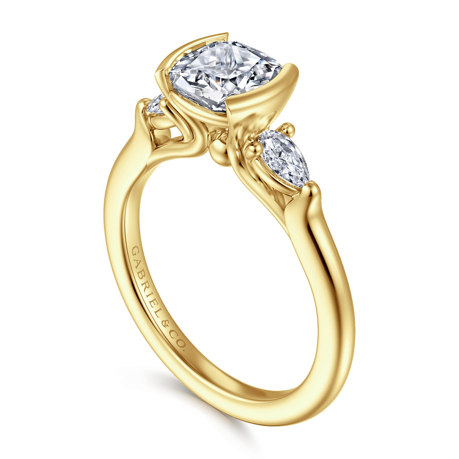 Alesandra - 14K Yellow Gold Half Bezel Cushion Cut Three Stone Diamond Engagement Ring - 0.3 ct - Shot 3