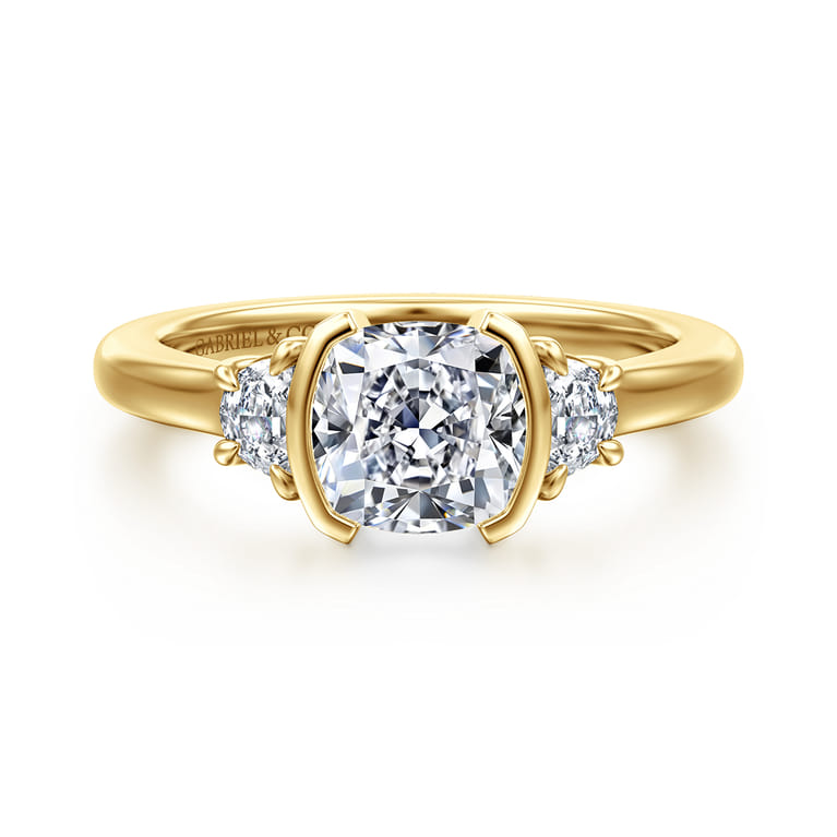 Colleen - 14K Yellow Gold Half Bezel Cushion Cut Three Stone Diamond Engagement Ring - 0.3 ct - Shot 1