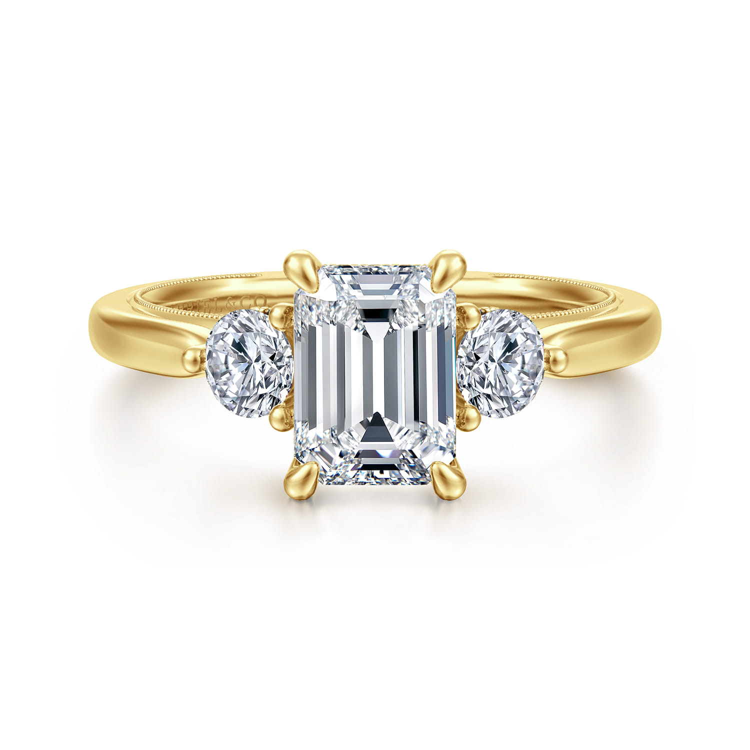 Abbi - 14K Yellow Gold Emerald Cut Three Stone Diamond Engagement Ring - 0.55 ct - Shot 1