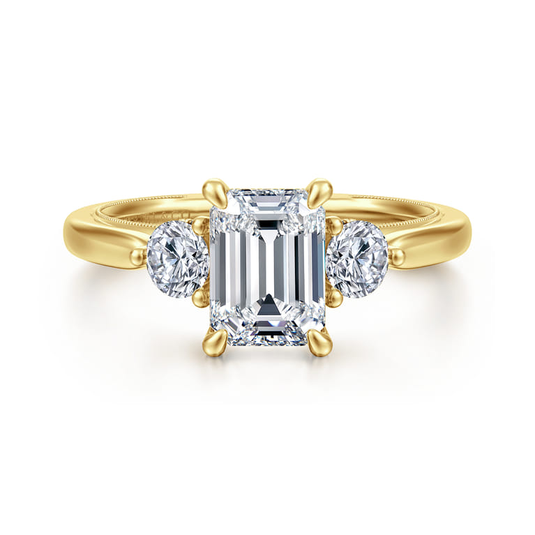 Abbi - 14K Yellow Gold Emerald Cut Three Stone Diamond Engagement Ring - 0.55 ct - Shot 1