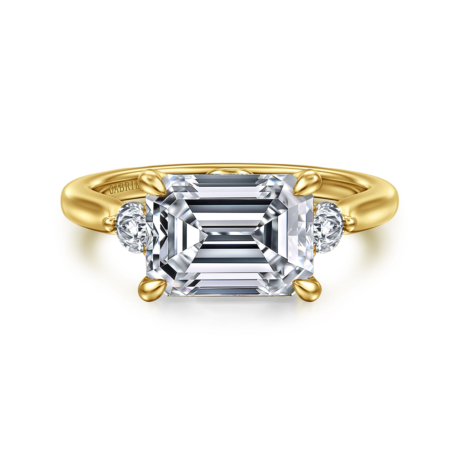 Darline - 14K Yellow Gold Emerald Cut Three Stone Lotus Diamond Engagement Ring - 0.22 ct - Shot 1