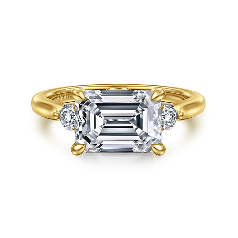 Darline - 14K Yellow Gold Emerald Cut Three Stone Lotus Diamond Engagement Ring - 0.22 ct - Shot 1