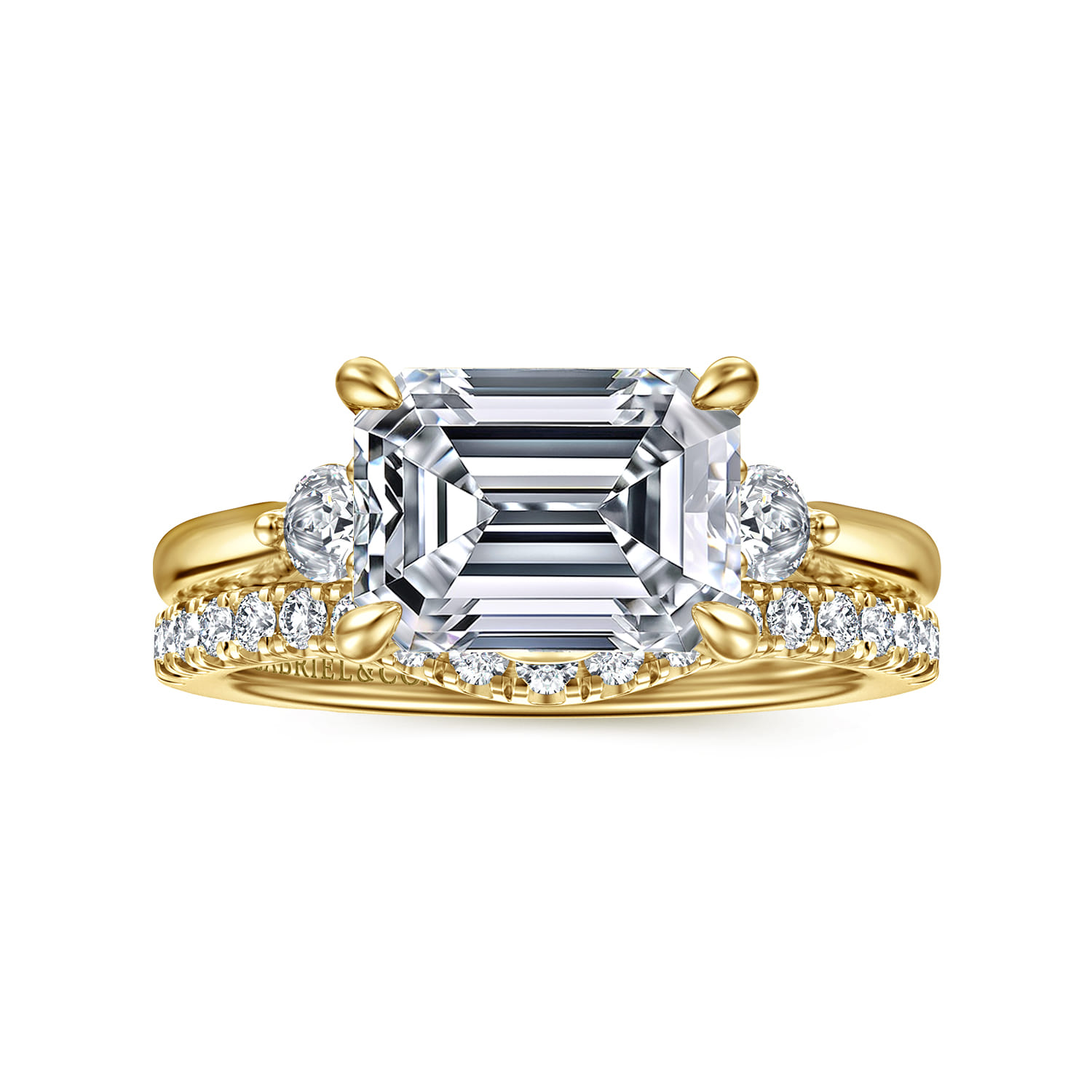 Darline - 14K Yellow Gold Emerald Cut Three Stone Lotus Diamond Engagement Ring - 0.22 ct - Shot 4