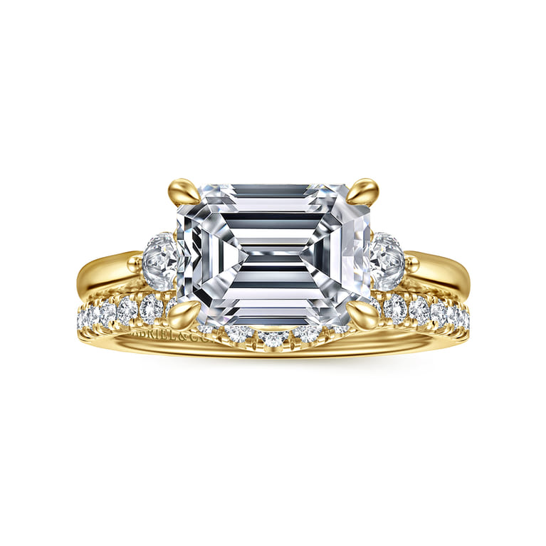 Darline - 14K Yellow Gold Emerald Cut Three Stone Lotus Diamond Engagement Ring - 0.22 ct - Shot 4