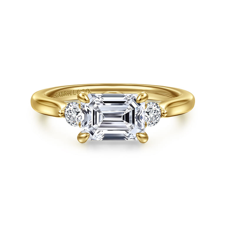 Darline - 14K Yellow Gold Emerald Cut Three Stone Lotus Diamond Engagement Ring - 0.22 ct - Shot 1