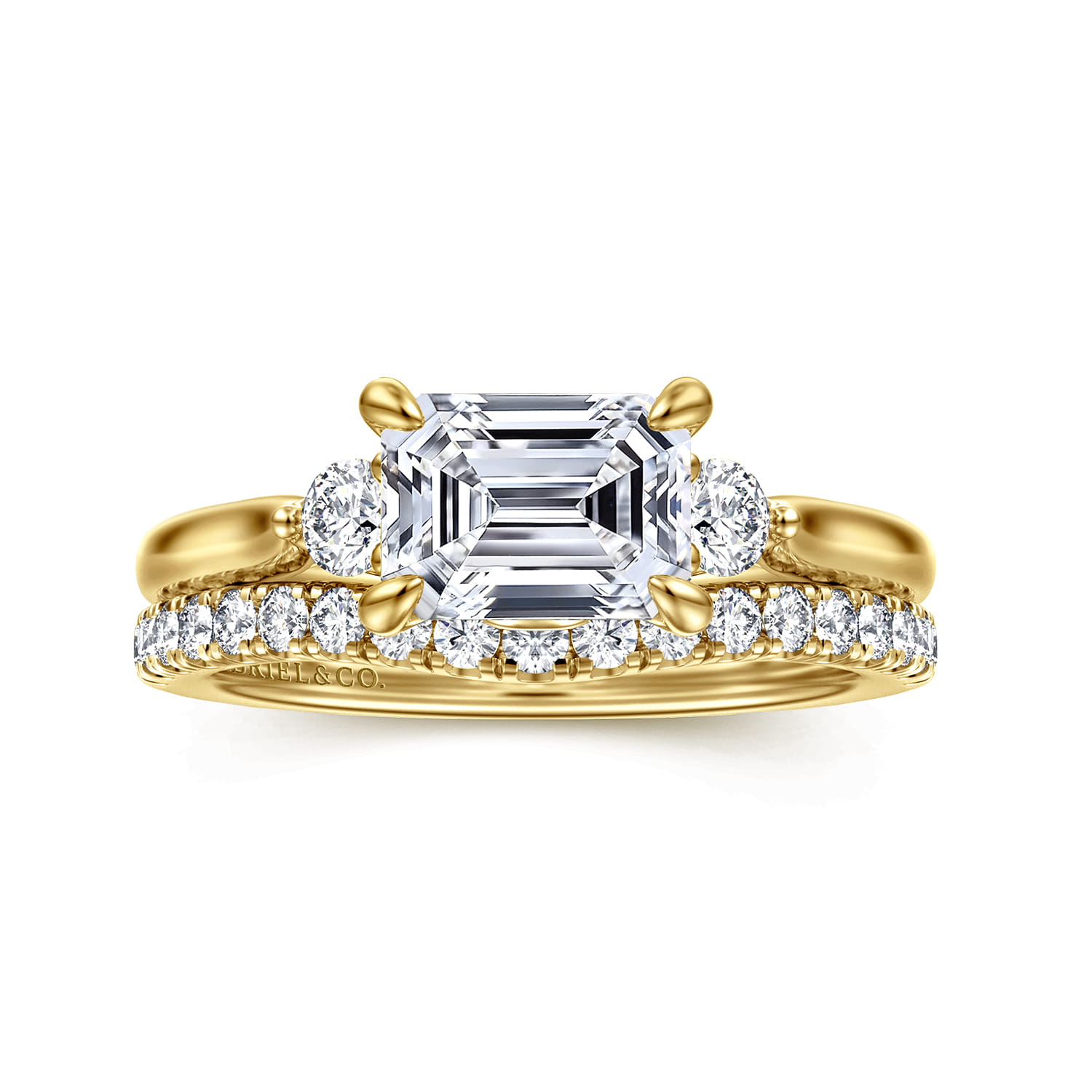 Darline - 14K Yellow Gold Emerald Cut Three Stone Lotus Diamond Engagement Ring - 0.22 ct - Shot 4