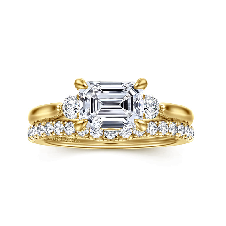Darline - 14K Yellow Gold Emerald Cut Three Stone Lotus Diamond Engagement Ring - 0.22 ct - Shot 4