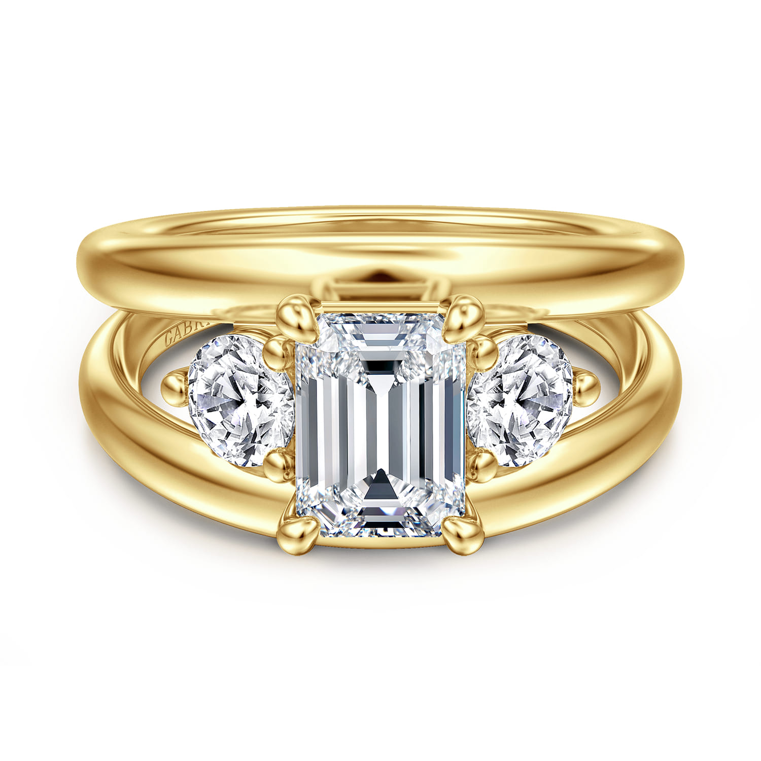 Danni - 14K Yellow Gold Emerald Cut Three Stone Diamond Engagement Ring - 0.75 ct - Shot 1