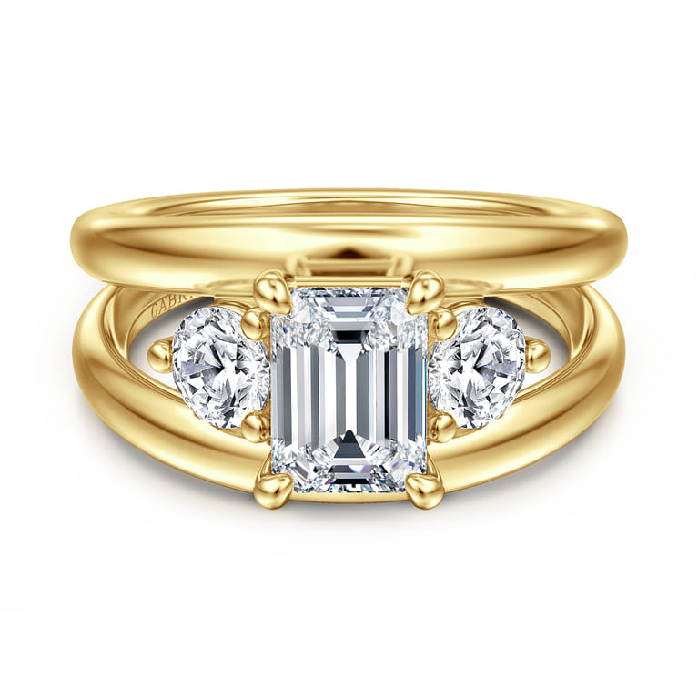 Danni - 14K Yellow Gold Emerald Cut Three Stone Diamond Engagement Ring - 0.75 ct - Shot 1