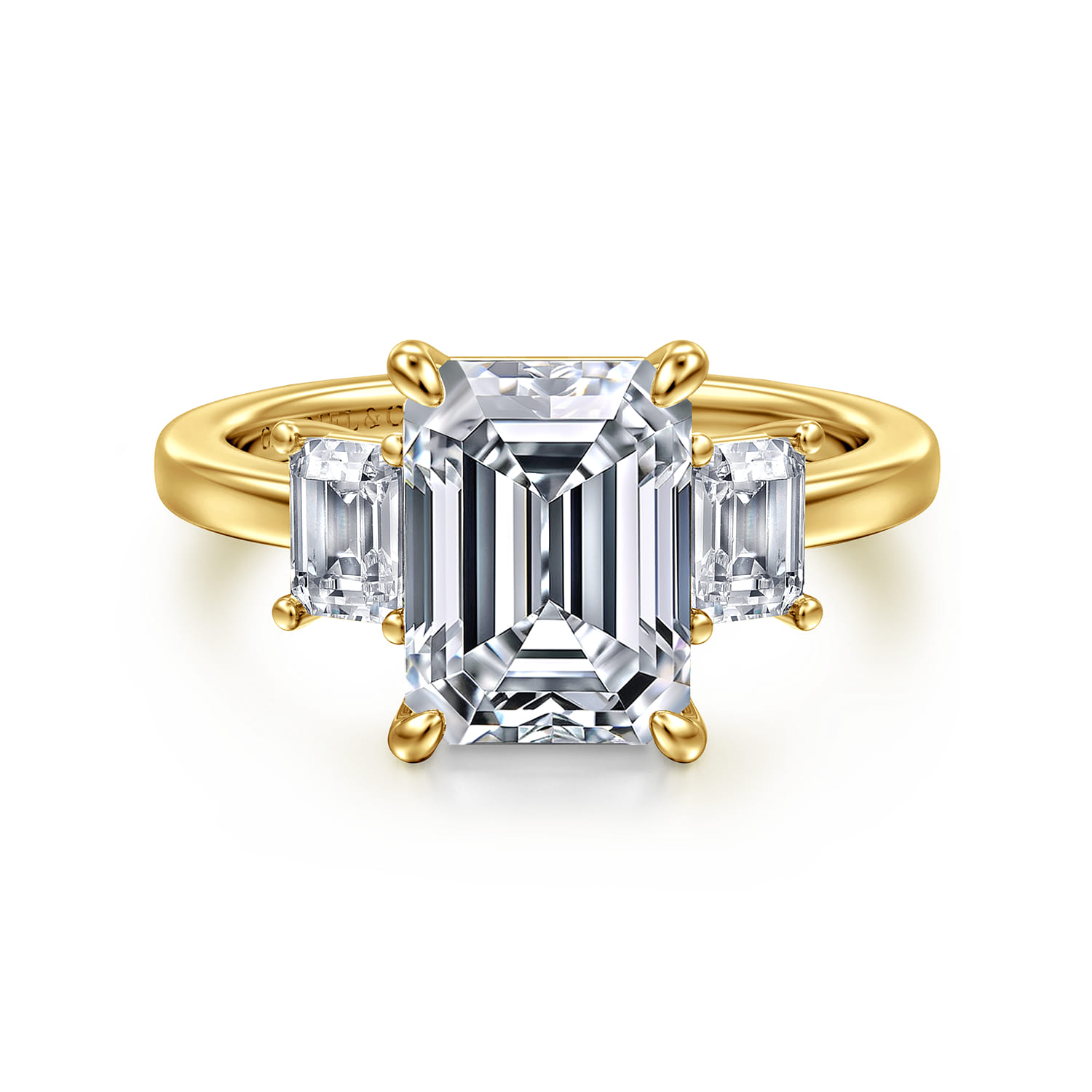 Stephi - 14K Yellow Gold Emerald Cut Three Stone Diamond Engagement Ring - 0.6 ct - Shot 1