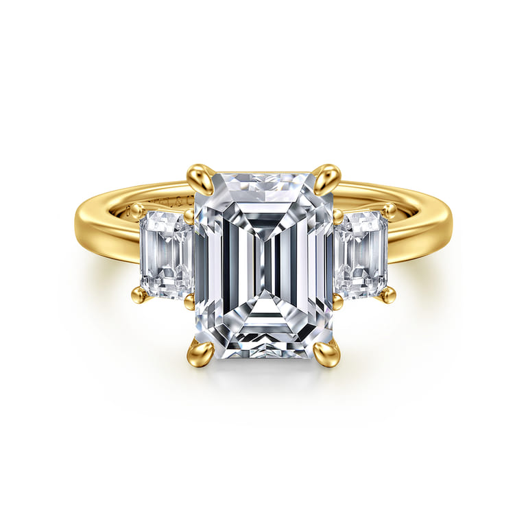 Stephi - 14K Yellow Gold Emerald Cut Three Stone Diamond Engagement Ring - 0.6 ct - Shot 1